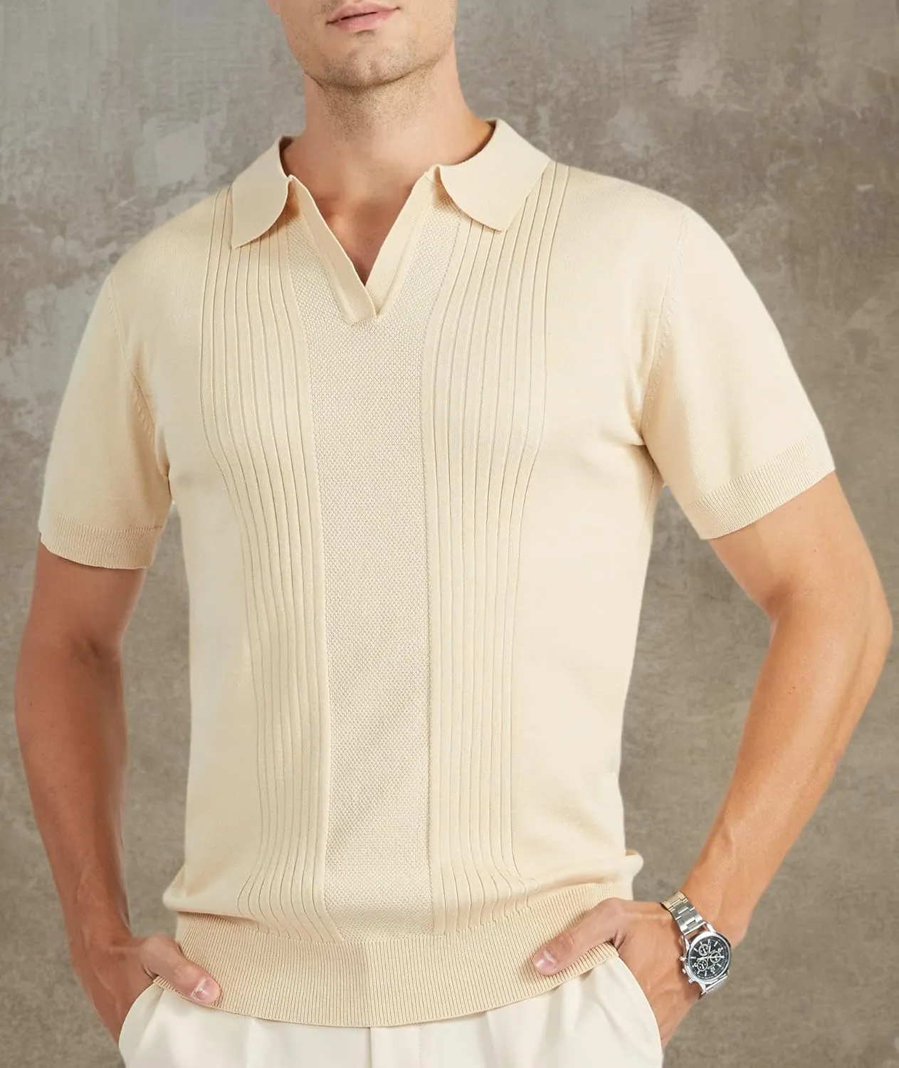 V VALANCH Mens Knit Polo Shirts Short Sleeve Vintage Sweater Polo Summer Casual Shirts Golf Pullover