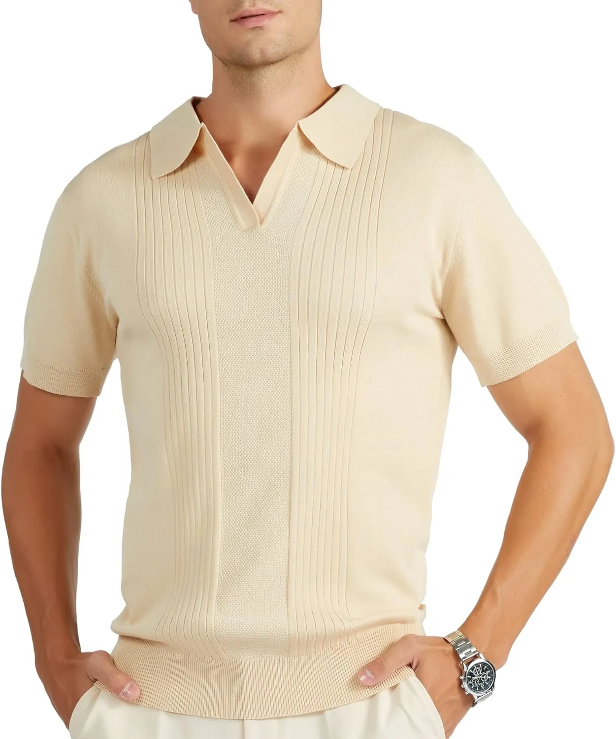 V VALANCH Mens Knit Polo Shirts Short Sleeve Vintage Sweater Polo Summer Casual Shirts Golf Pullover
