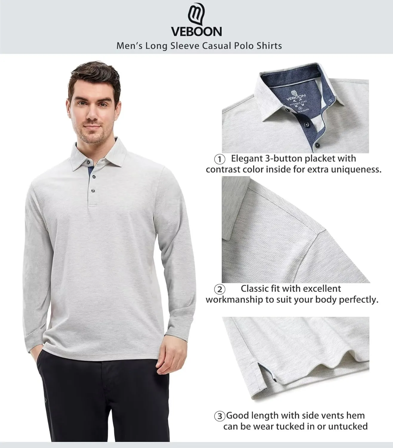 VEBOON Men's Polo Shirts Long and Short Sleeve Cotton Blend Heather Moisture Wicking Casual Collared Shirts