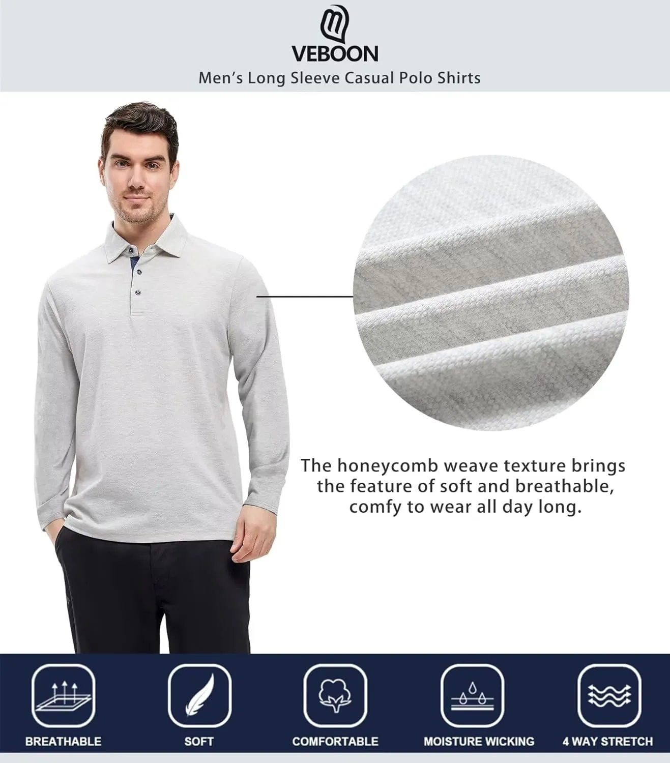 VEBOON Men's Polo Shirts Long and Short Sleeve Cotton Blend Heather Moisture Wicking Casual Collared Shirts