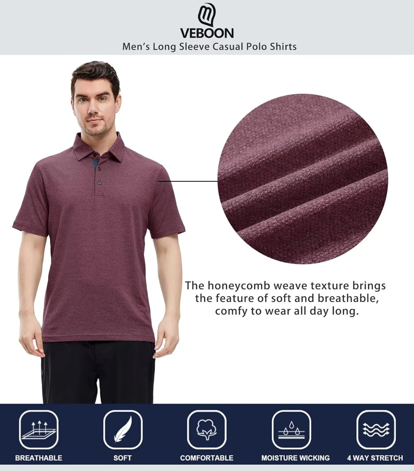 VEBOON Men's Polo Shirts Long and Short Sleeve Cotton Blend Heather Moisture Wicking Casual Collared Shirts