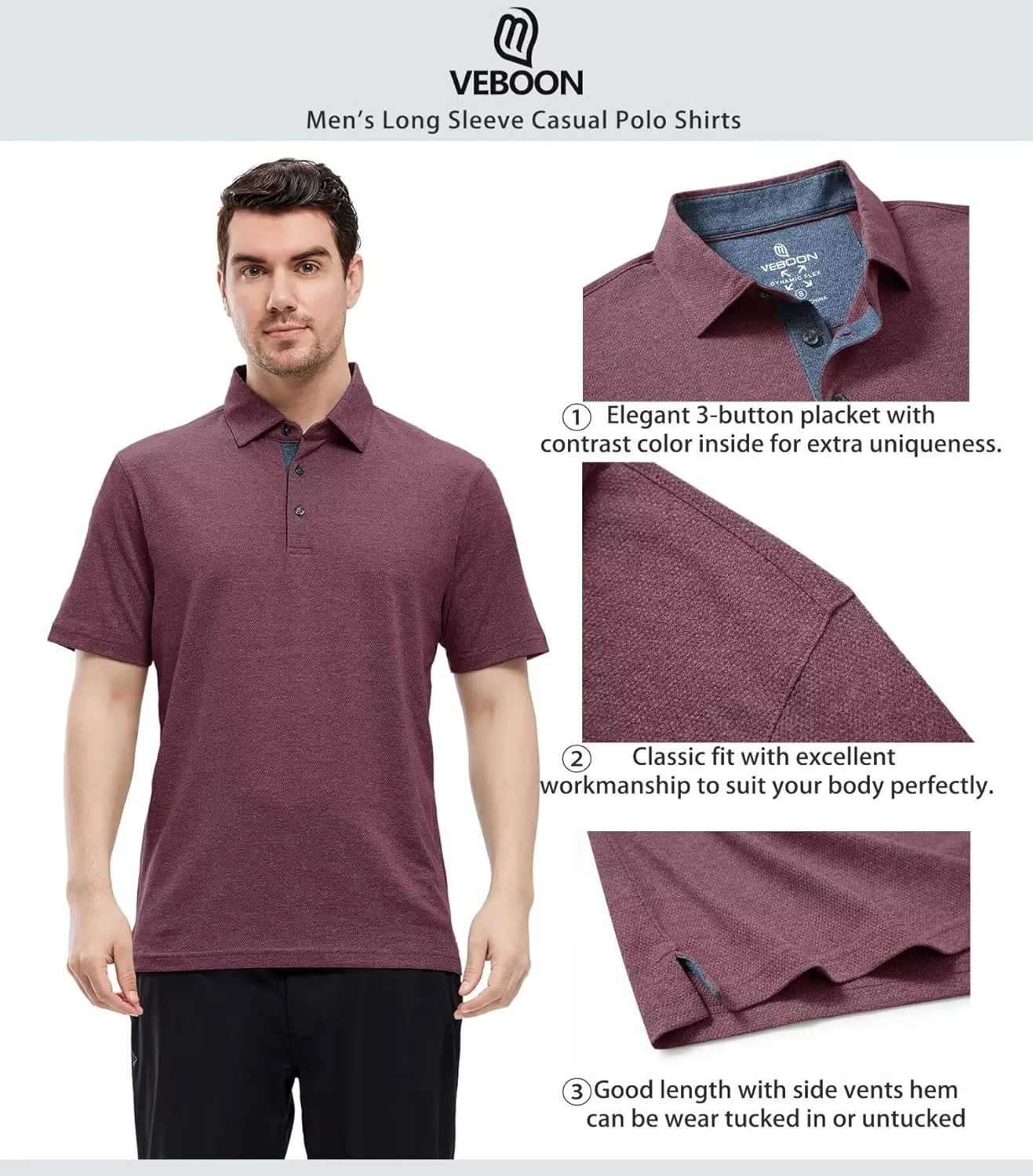 VEBOON Men's Polo Shirts Long and Short Sleeve Cotton Blend Heather Moisture Wicking Casual Collared Shirts