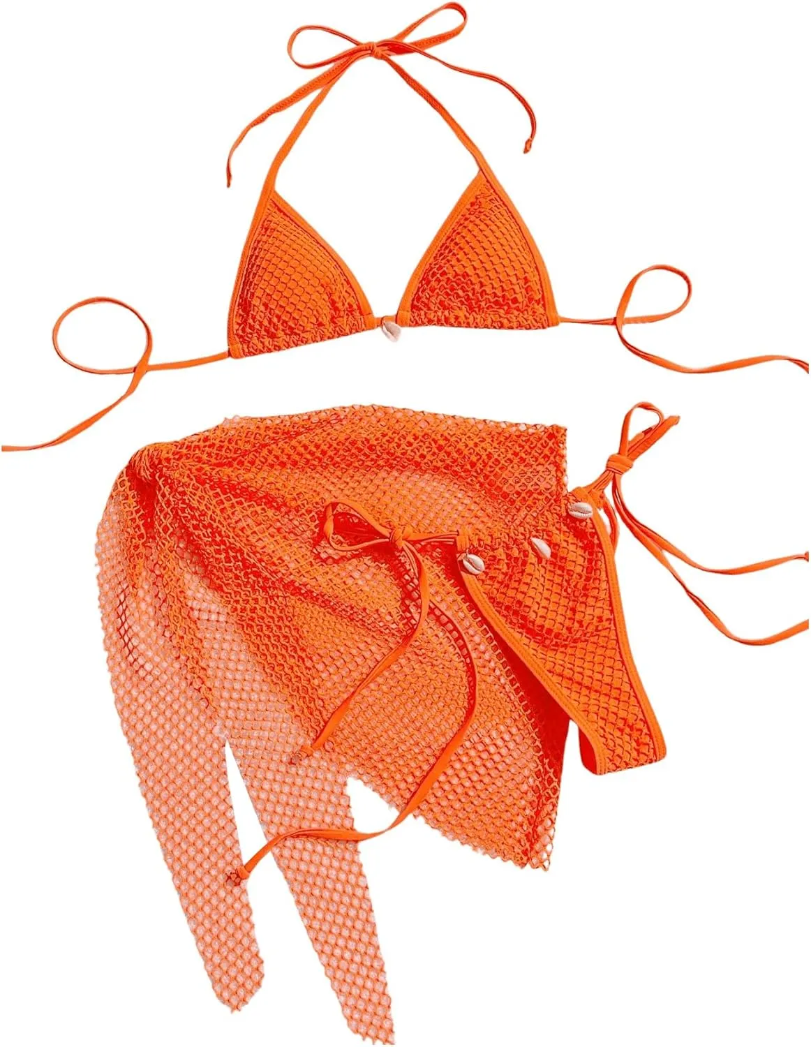 Verdusa Women's 3 Piece Halter String Fishnet Bikini Swimsuit with Wrap Cover Up