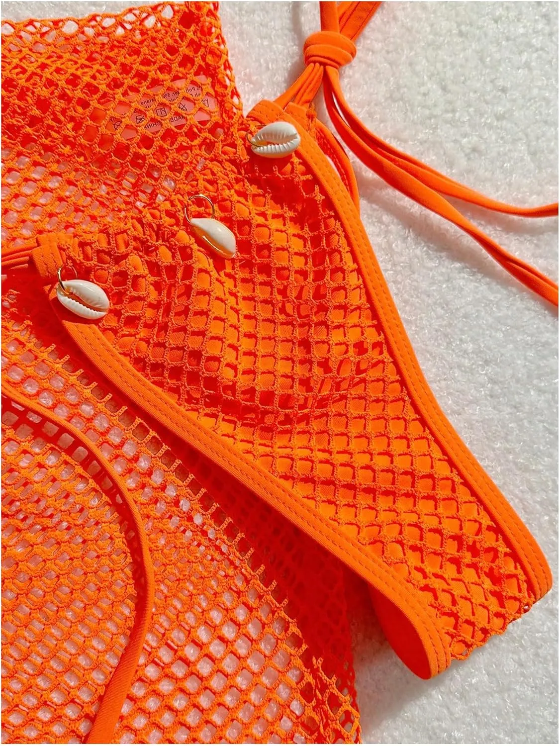 Verdusa Women's 3 Piece Halter String Fishnet Bikini Swimsuit with Wrap Cover Up