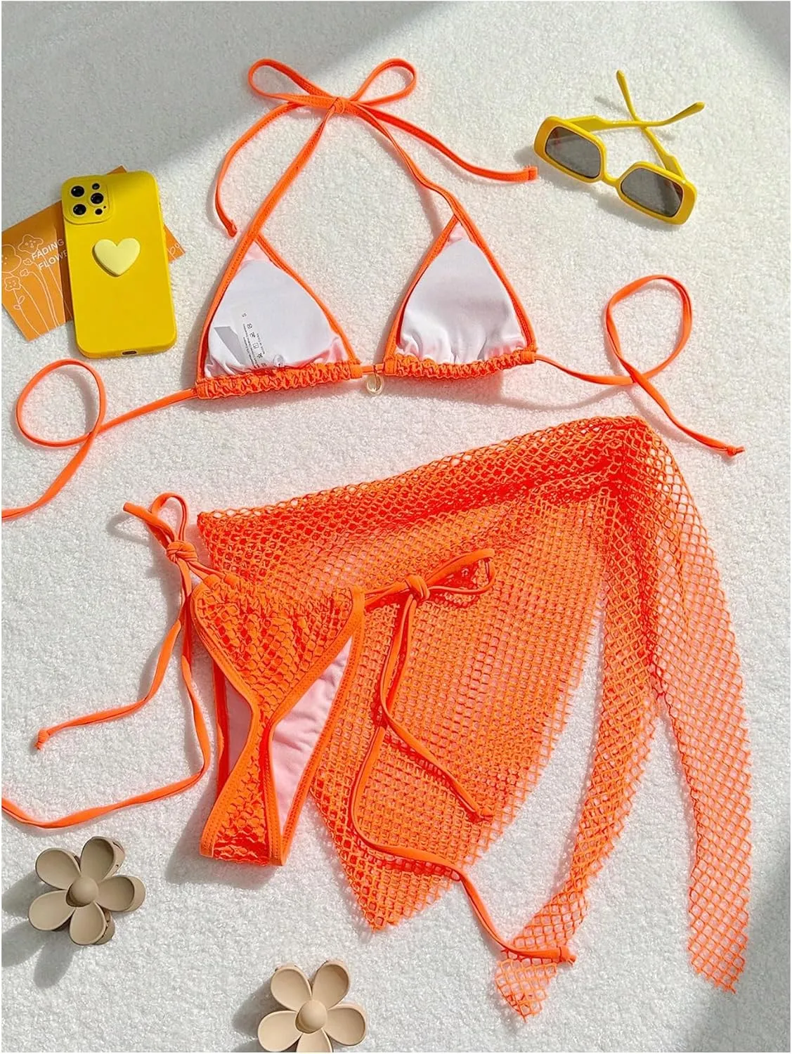 Verdusa Women's 3 Piece Halter String Fishnet Bikini Swimsuit with Wrap Cover Up