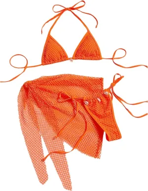 Verdusa Women's 3 Piece Halter String Fishnet Bikini Swimsuit with Wrap Cover Up