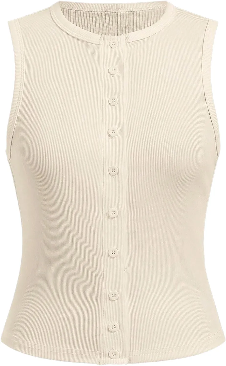 Verdusa Women's Button Front Fitted Tank Tops Crew Neck Sleeveless Knit Tops