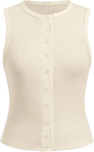 Verdusa Women's Button Front Fitted Tank Tops Crew Neck Sleeveless Knit Tops