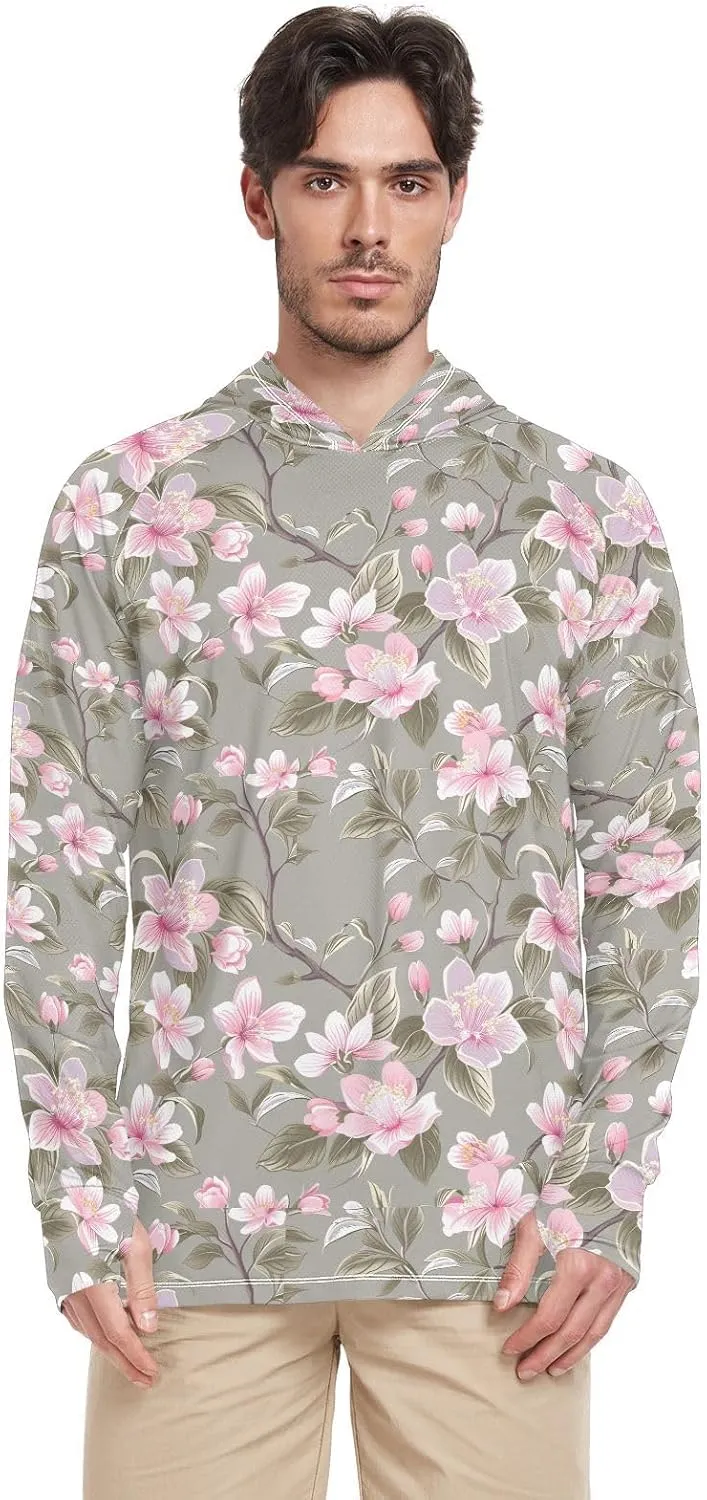 Vintage Pink Flowers Men's Sun Shirt Hoodie Long Sleeve Mens Sun Shirts UPF 50  Quick Dry Rash Guard Shirts for Men UV Sailing Shirts Camisas para Trabajo