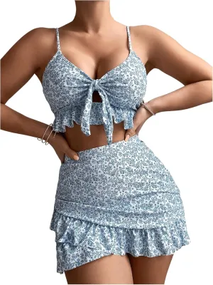 WDIRARA Women's 3 Pieces Floral Print V Neck Ruffle Hem Bikini Set Swimsuit Bathing Suit with Wrap Beach Skirt