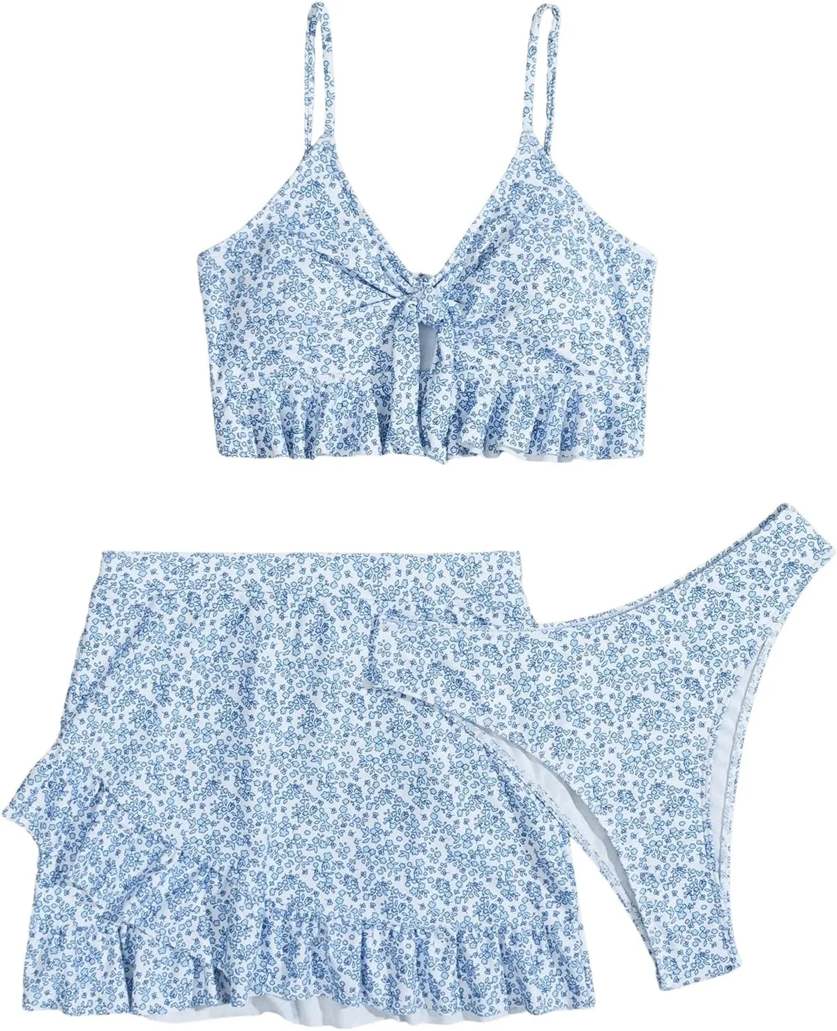 WDIRARA Women's 3 Pieces Floral Print V Neck Ruffle Hem Bikini Set Swimsuit Bathing Suit with Wrap Beach Skirt