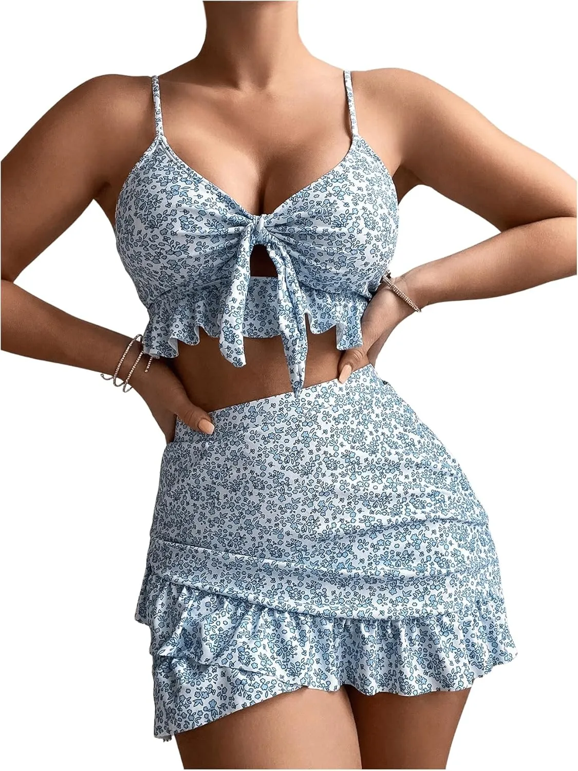WDIRARA Women's 3 Pieces Floral Print V Neck Ruffle Hem Bikini Set Swimsuit Bathing Suit with Wrap Beach Skirt