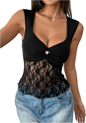 WDIRARA Women's Y2k Lace Tank Tops Sexy Floral Ruched Mesh Camisole Tops