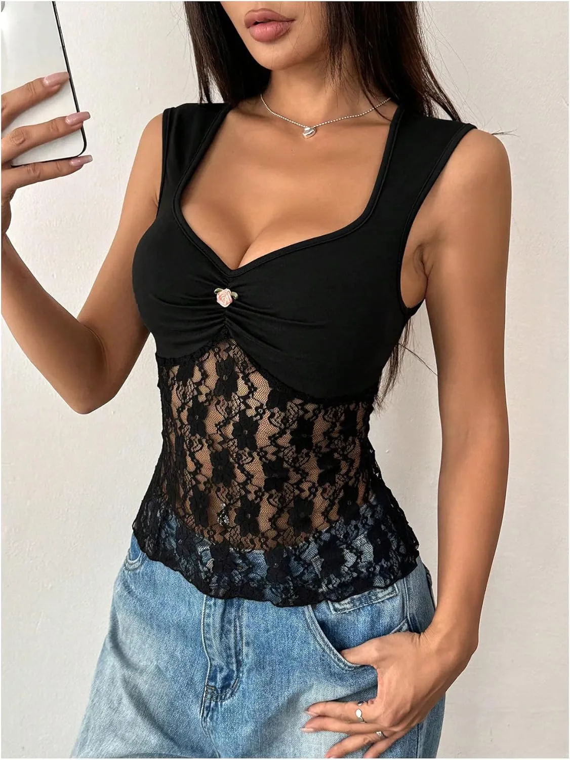WDIRARA Women's Y2k Lace Tank Tops Sexy Floral Ruched Mesh Camisole Tops
