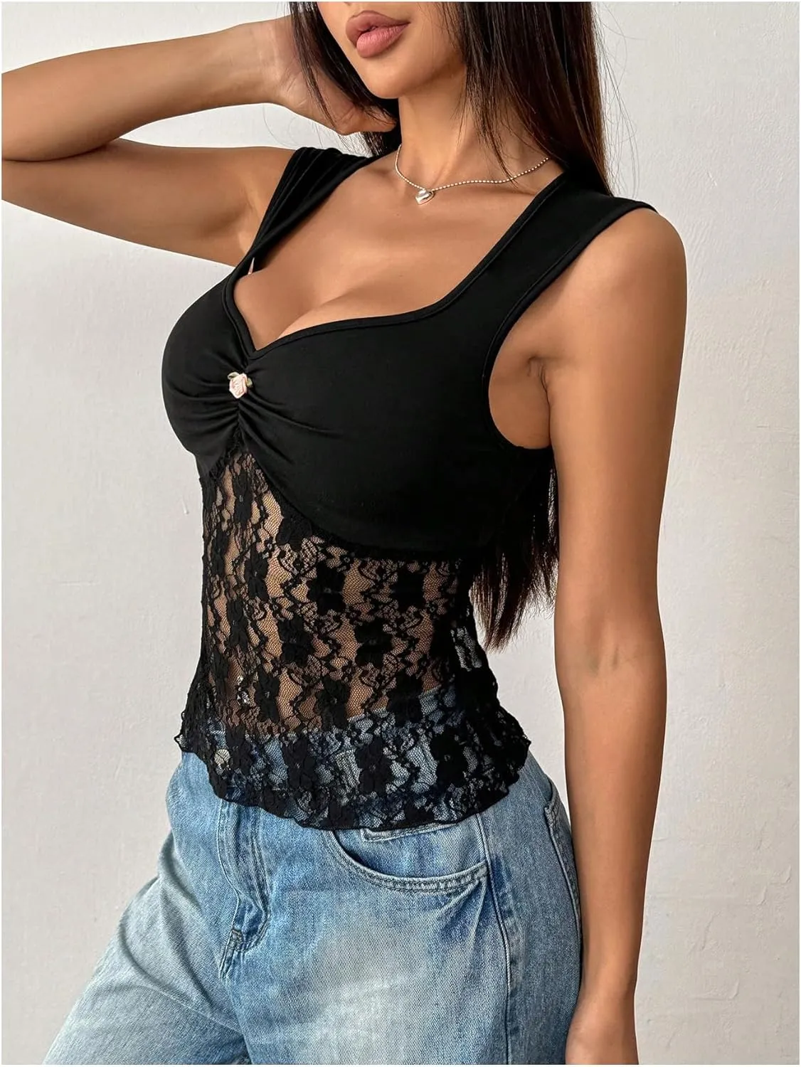 WDIRARA Women's Y2k Lace Tank Tops Sexy Floral Ruched Mesh Camisole Tops