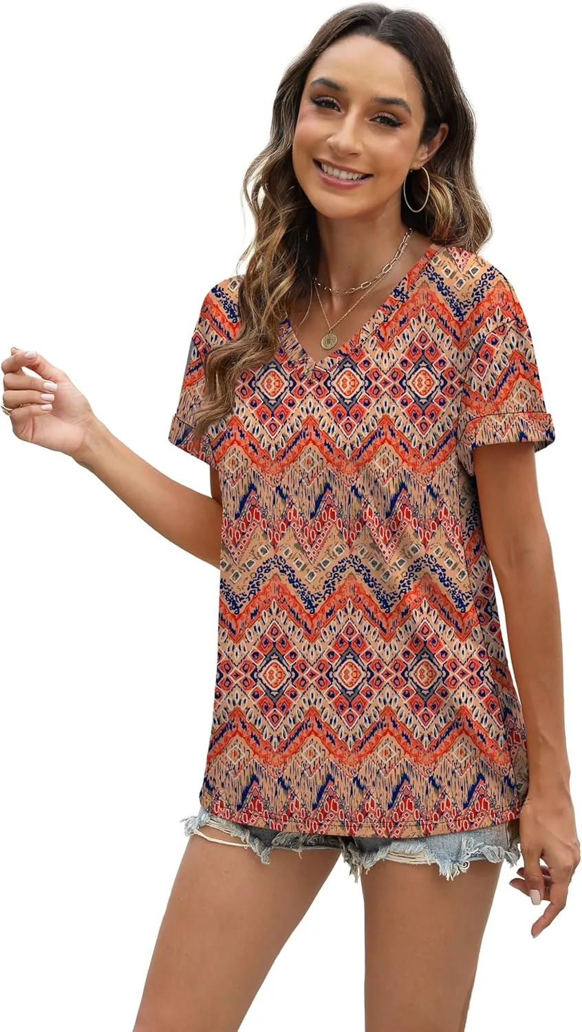 WEESO Womens T Shirts Short Sleeve Summer Tops Cute V Neck Casual Blouses
