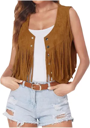 Western Fringe Vest Tops Womens Classic Suede Leather 70s Cowboy Shirt Rodeo Outfits Sleeveless Hippie Tassel Jackets