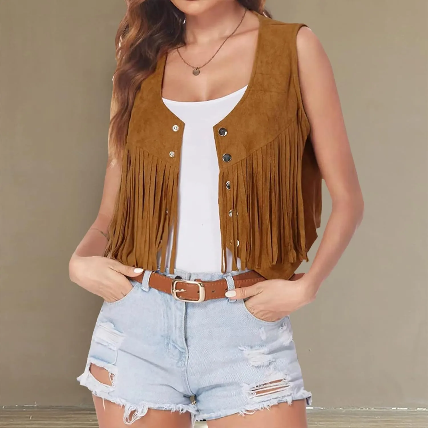Western Fringe Vest Tops Womens Classic Suede Leather 70s Cowboy Shirt Rodeo Outfits Sleeveless Hippie Tassel Jackets