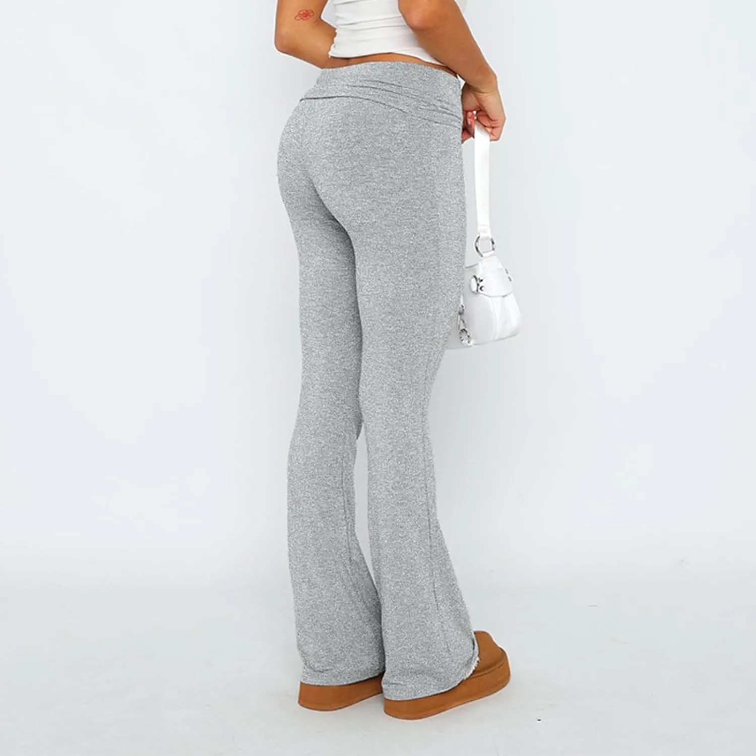 Wide Leg Yoga Pants for Women Cute Y2k Fold Over Low Rise Sweatpants Teen Girl Athletic Workout Cotton Flare Leggings
