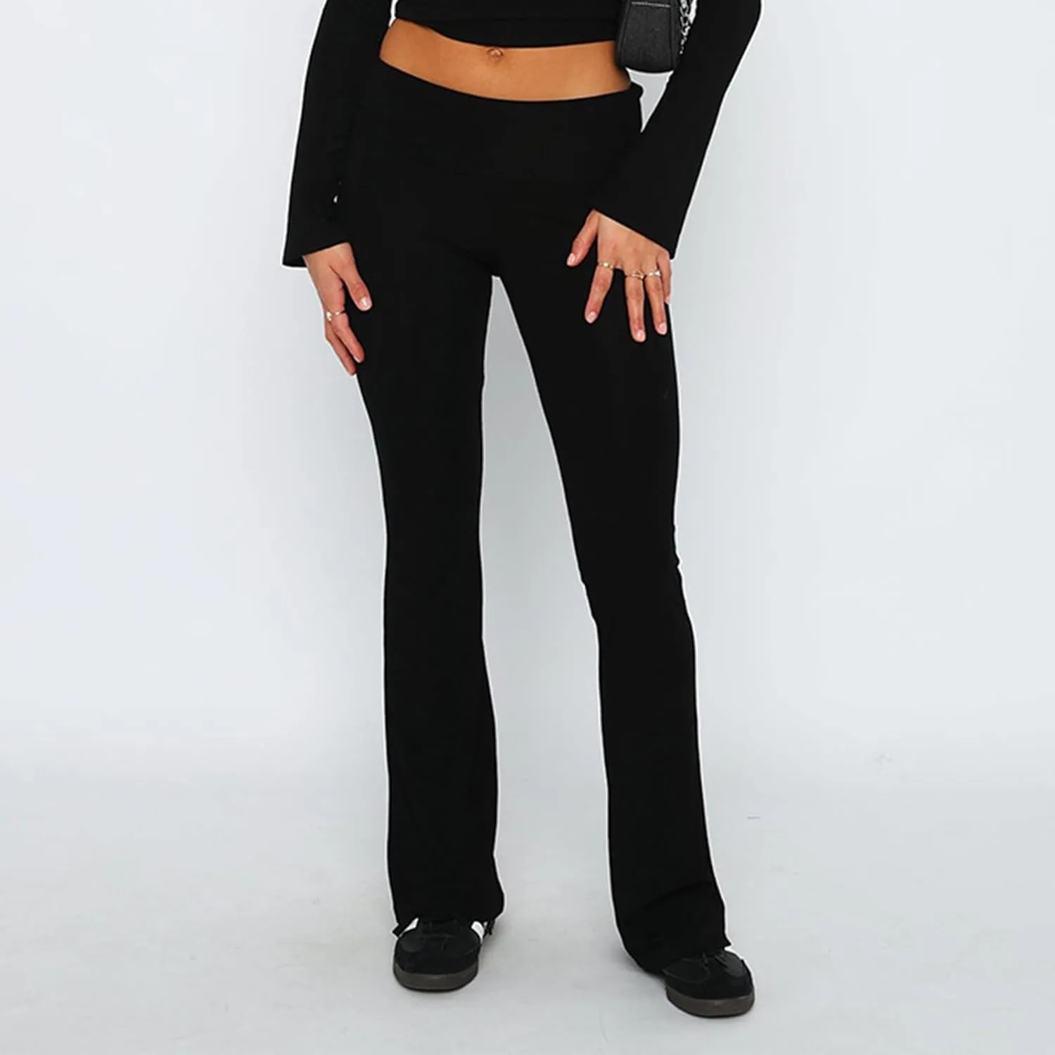 Wide Leg Yoga Pants for Women Cute Y2k Fold Over Low Rise Sweatpants Teen Girl Athletic Workout Cotton Flare Leggings