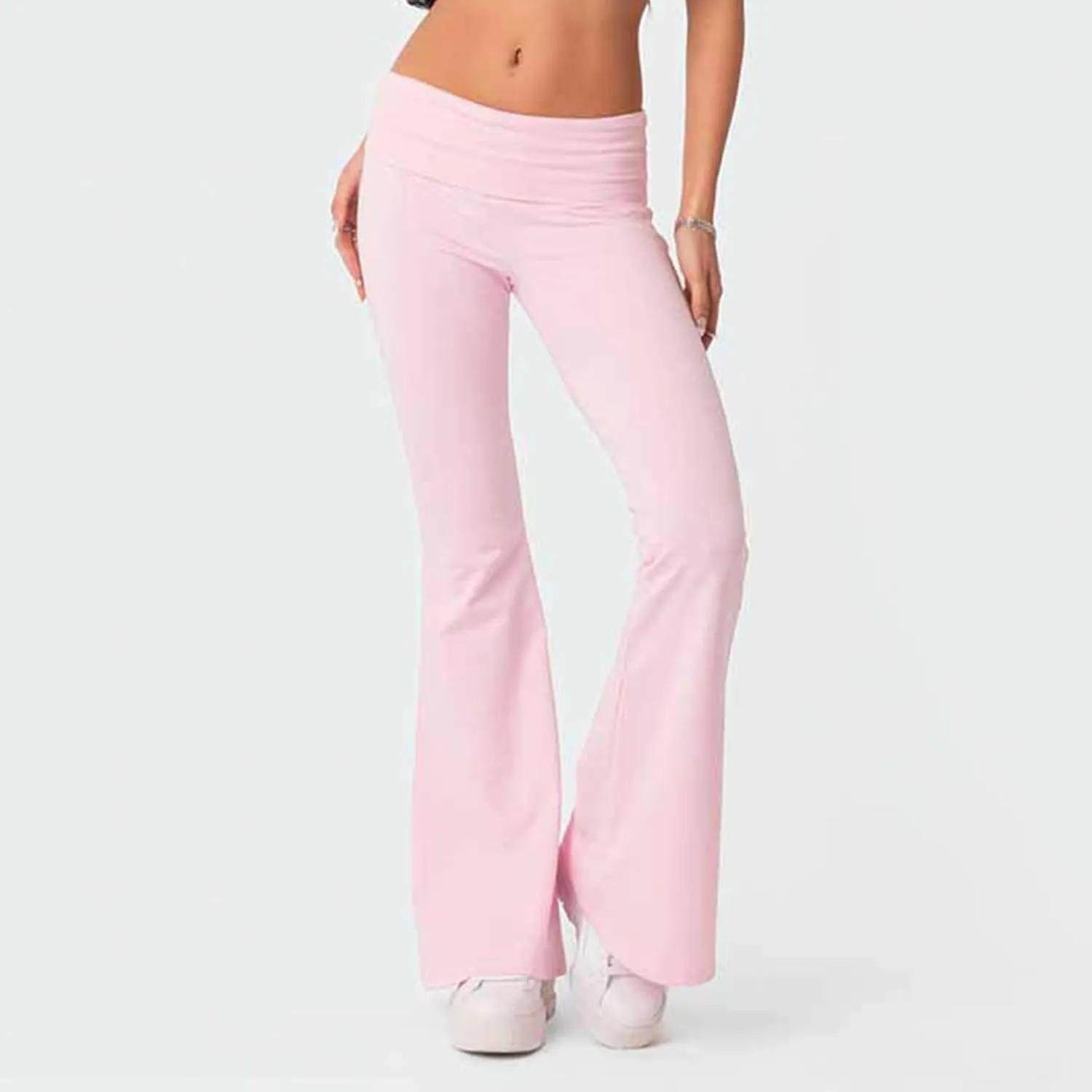 Wide Leg Yoga Pants for Women Cute Y2k Fold Over Low Rise Sweatpants Teen Girl Athletic Workout Cotton Flare Leggings