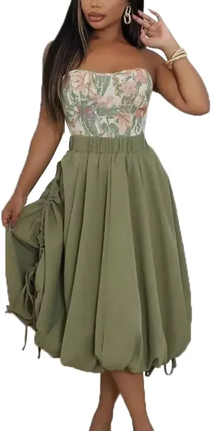 WOKANSE Bubble Skirts for Women Y2k Elastic Waist A Line Long Skirt Drawstring Ruffle Pleated Midi Balloon Skirt