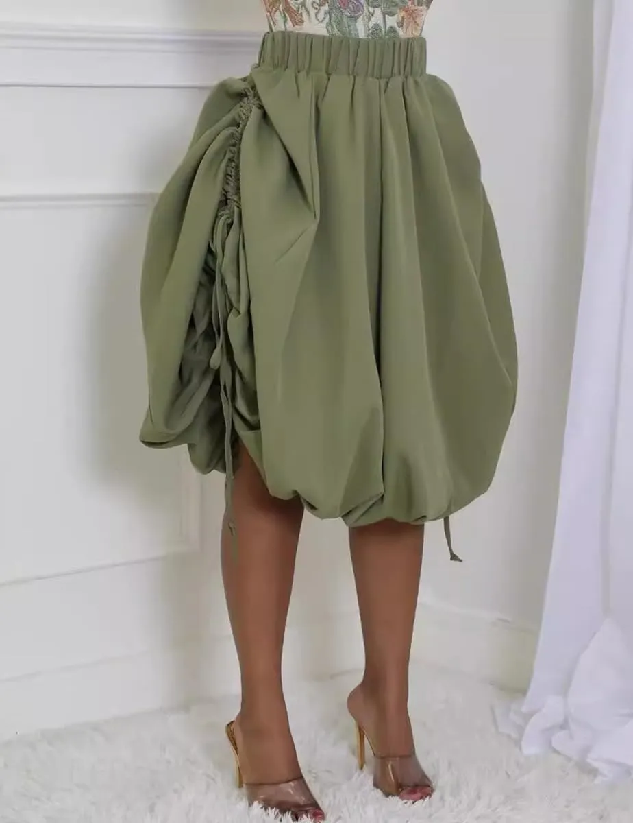 WOKANSE Bubble Skirts for Women Y2k Elastic Waist A Line Long Skirt Drawstring Ruffle Pleated Midi Balloon Skirt