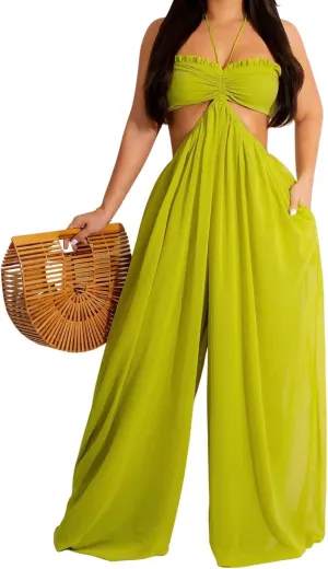 WOKANSE Women's Sexy Off Shoulder Drawstring Waist Baggy Wide Leg Pants Jumpsuit Long Romper with Pockets
