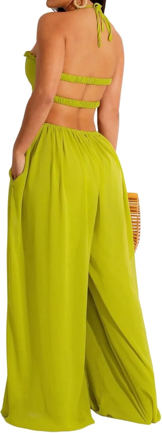WOKANSE Women's Sexy Off Shoulder Drawstring Waist Baggy Wide Leg Pants Jumpsuit Long Romper with Pockets