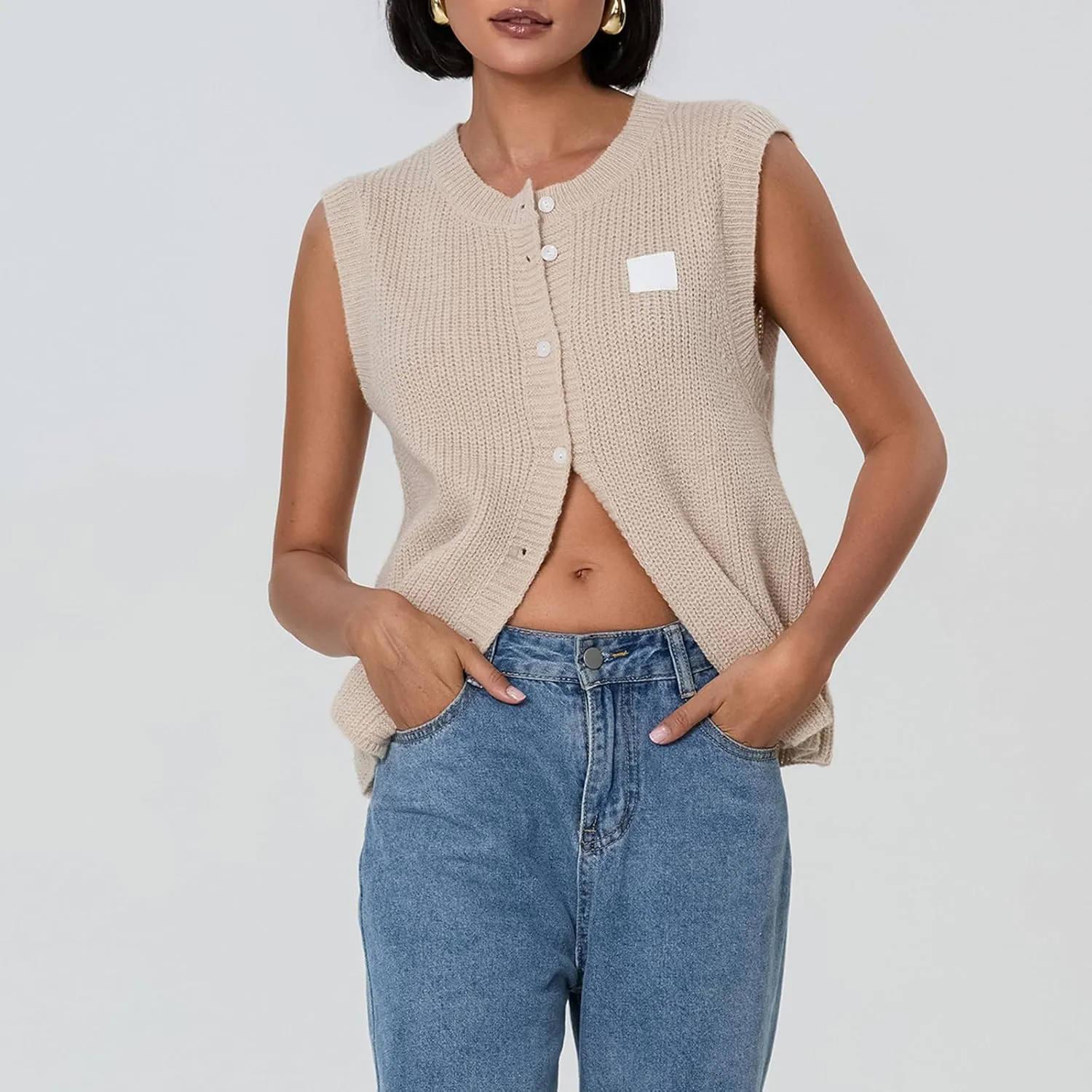 Women Button Down Going Out Trendy Tops Slim Fit Sleeveless Knitted Ribbed Sexy Vest Shirt Y2K Tank Tops