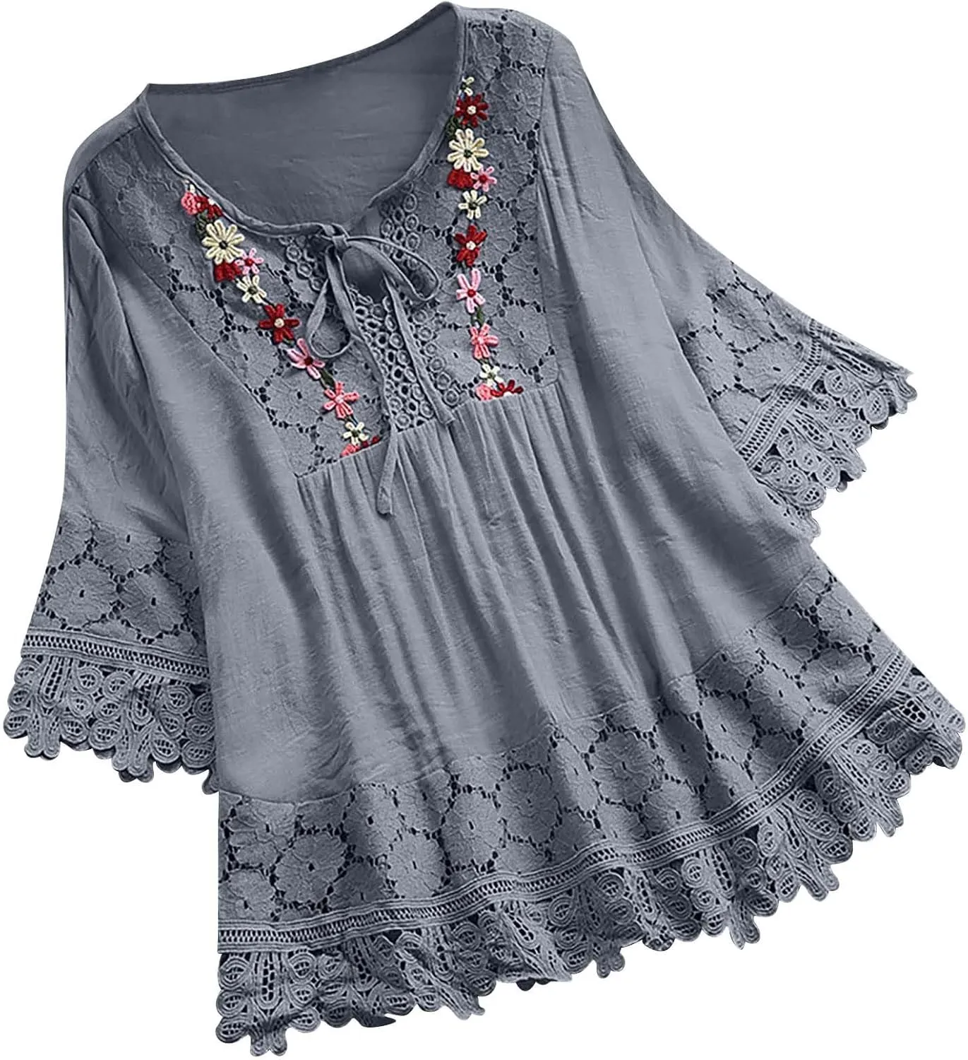 Women Cotton Linen Embroidered Tops Loose Fit Tunic 3/4 Sleeve Summer Blouse Shirts Boho Peasant Trendy Clothes 2024