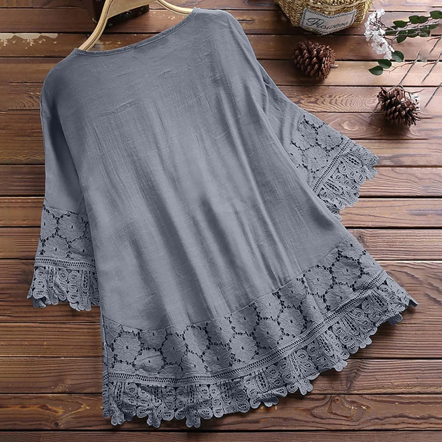Women Cotton Linen Embroidered Tops Loose Fit Tunic 3/4 Sleeve Summer Blouse Shirts Boho Peasant Trendy Clothes 2024