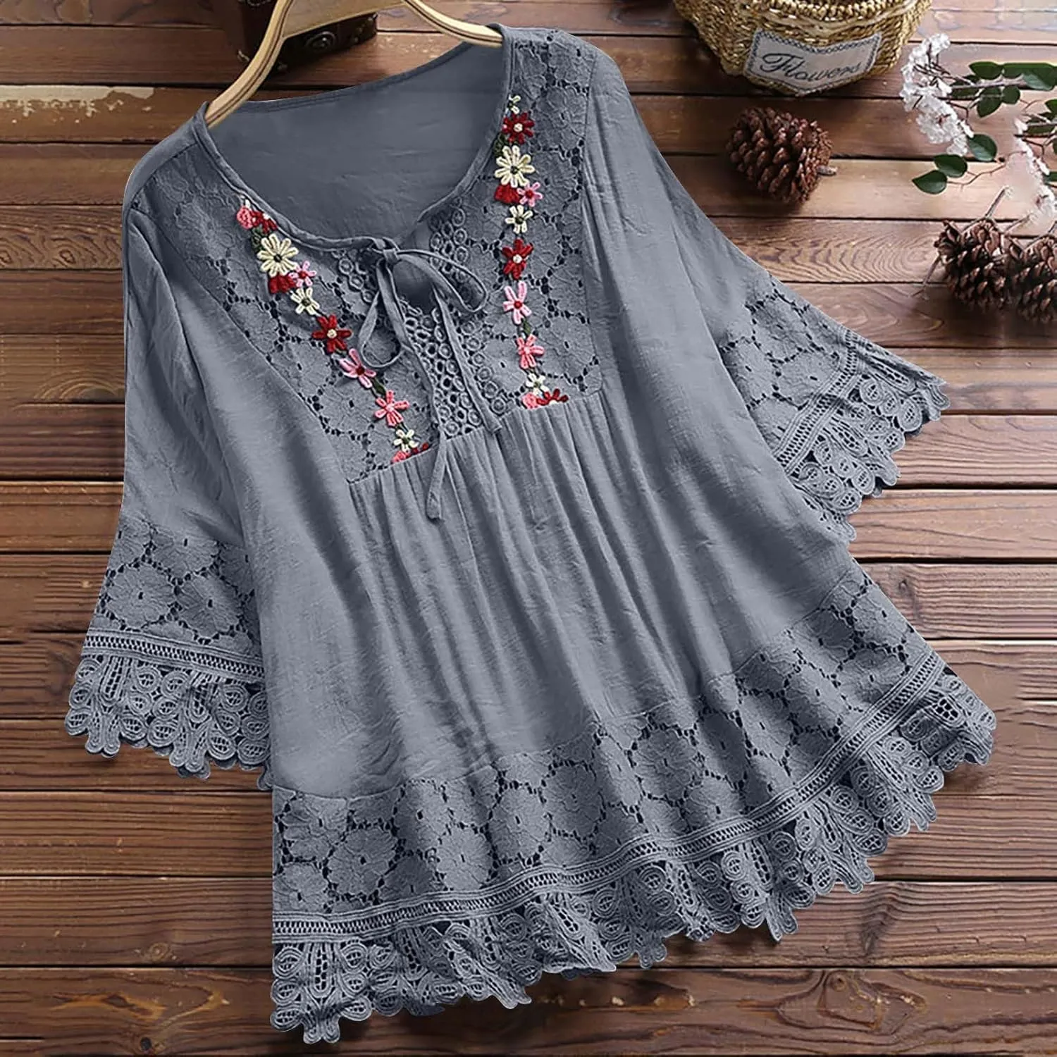 Women Cotton Linen Embroidered Tops Loose Fit Tunic 3/4 Sleeve Summer Blouse Shirts Boho Peasant Trendy Clothes 2024