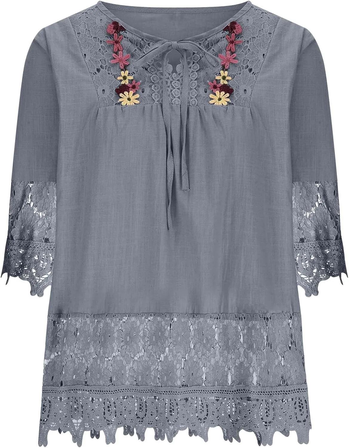 Women Cotton Linen Embroidered Tops Loose Fit Tunic 3/4 Sleeve Summer Blouse Shirts Boho Peasant Trendy Clothes 2024