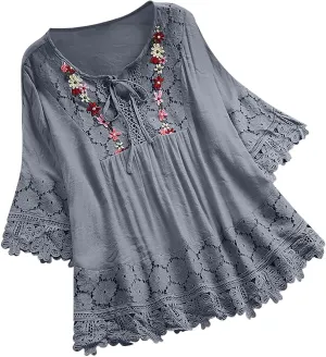 Women Cotton Linen Embroidered Tops Loose Fit Tunic 3/4 Sleeve Summer Blouse Shirts Boho Peasant Trendy Clothes 2024