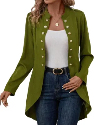 Women Green Stand Collar Pearl Buttons Long Dovetail Gothic Double Breasted Trench Coat Front Tailcoat Jacket