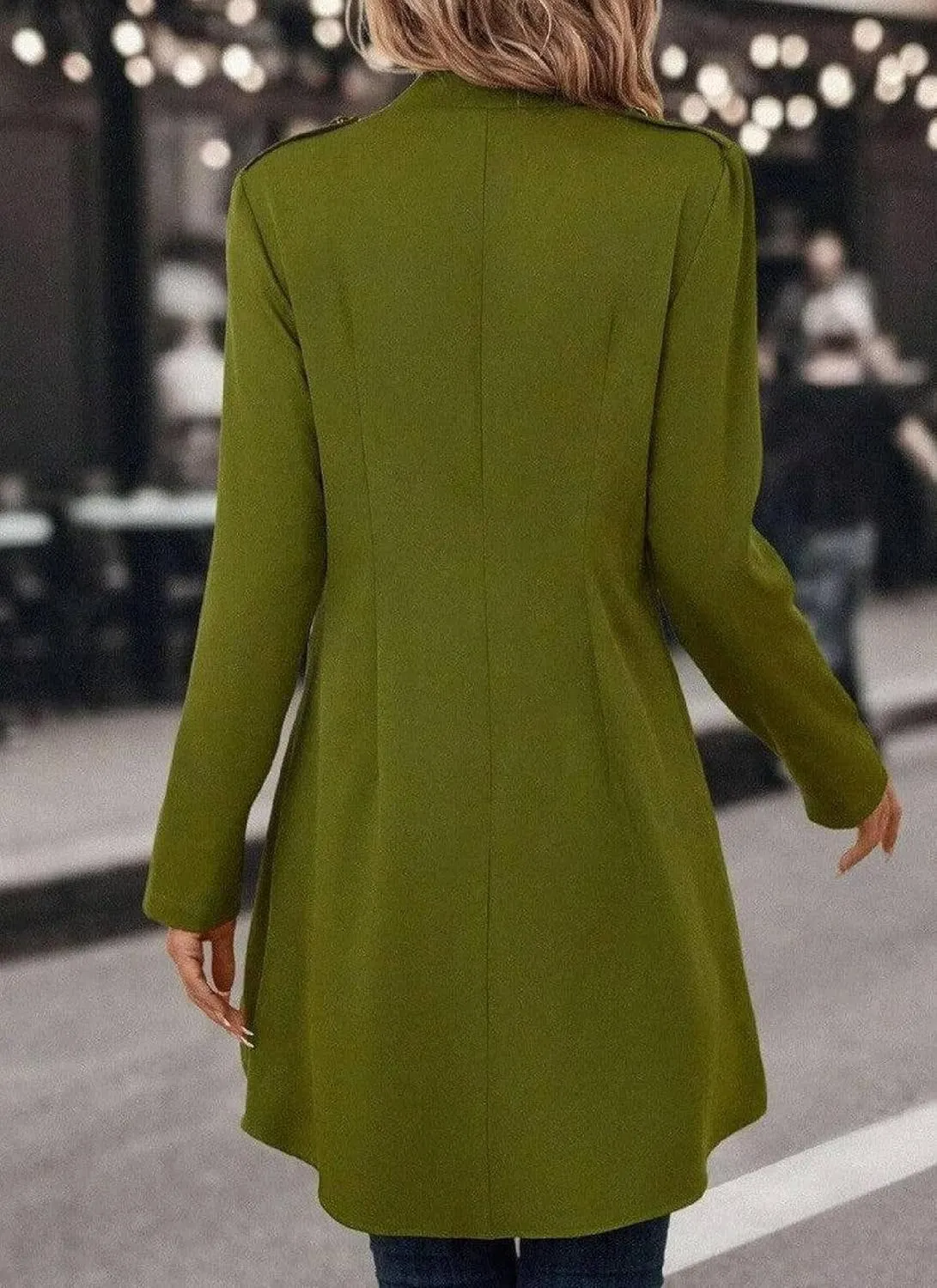 Women Green Stand Collar Pearl Buttons Long Dovetail Gothic Double Breasted Trench Coat Front Tailcoat Jacket