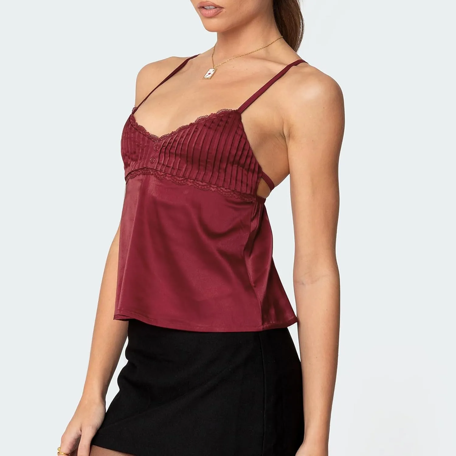 Women Lace Trim Spaghetti Strap Camisoles Summer V Neck Crop Tops Y2k Sleeveless Backless Sling Tank Tops