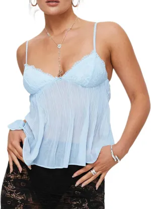 Women Lace Trim Spaghetti Strap Camisoles Summer V Neck Crop Tops Y2k Sleeveless Backless Sling Tank Tops
