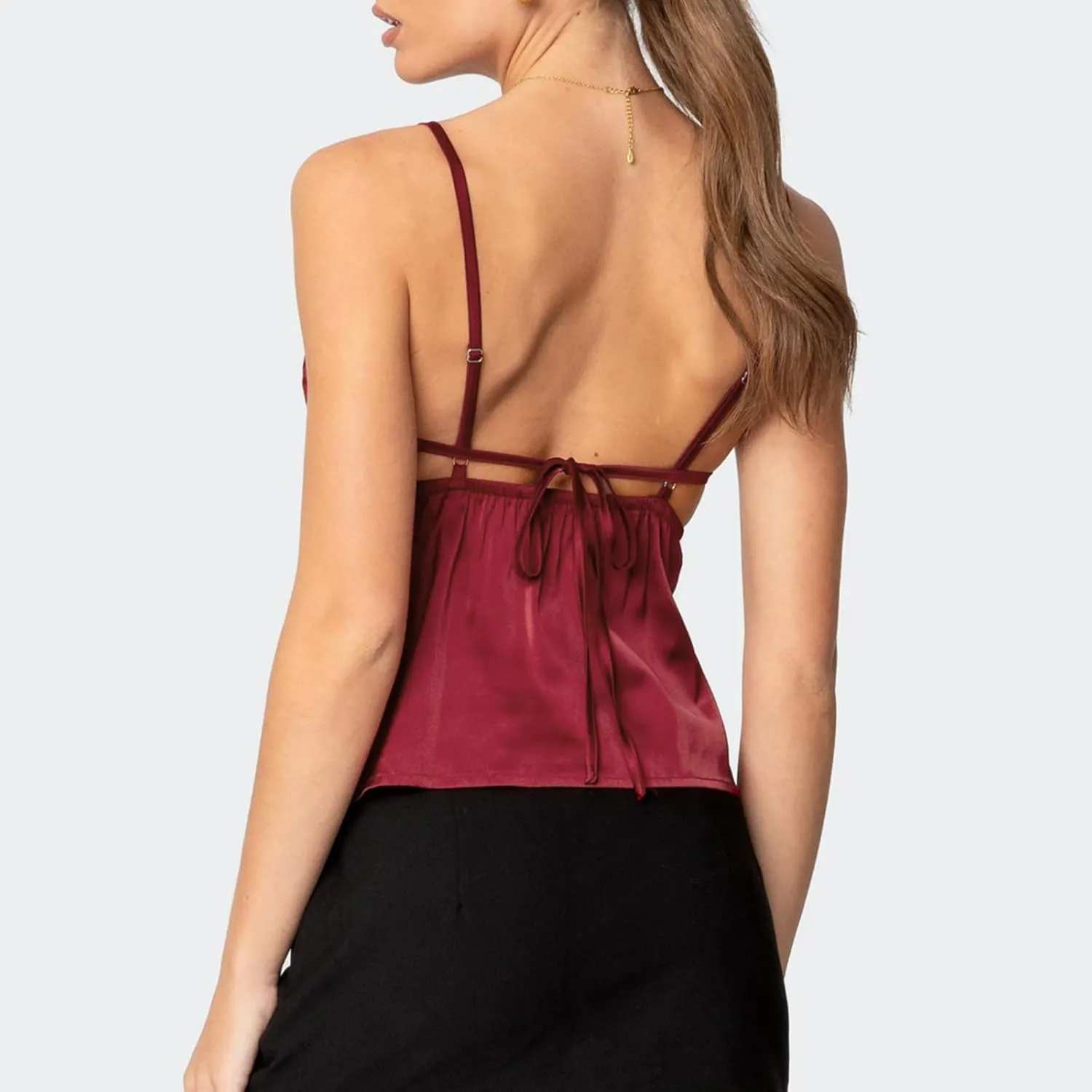 Women Lace Trim Spaghetti Strap Camisoles Summer V Neck Crop Tops Y2k Sleeveless Backless Sling Tank Tops