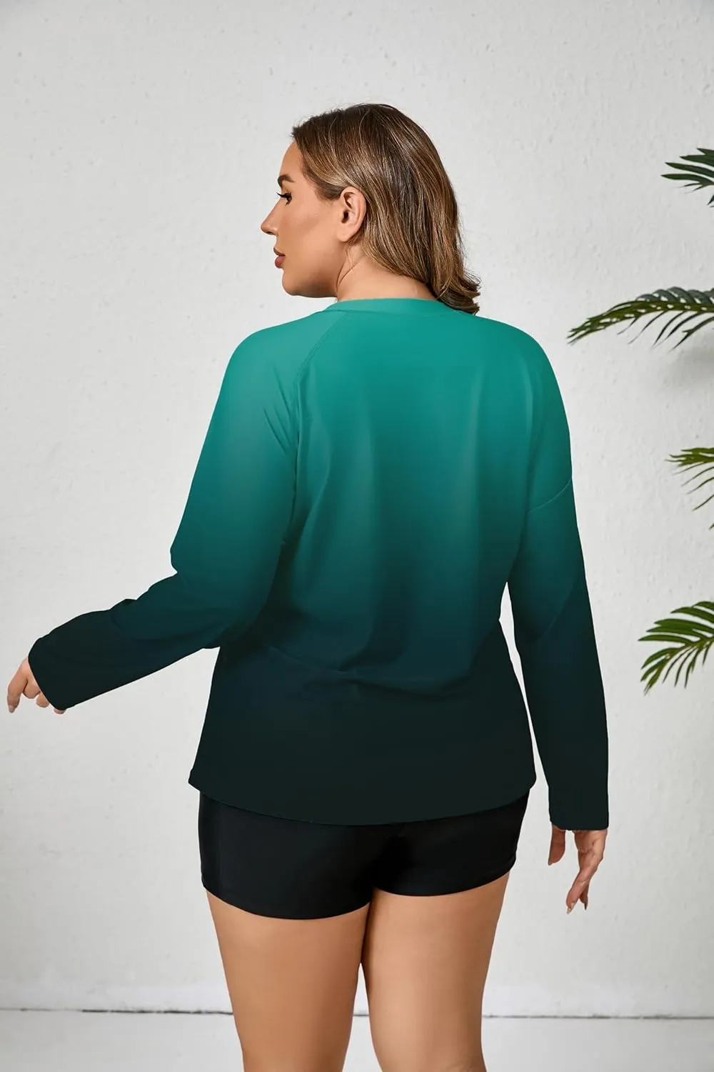 Women Plus Size Two Piece Long Sleeve Rash Guard Sets Built in Bra Swim Shirt Top and Shorts with Pockets UPF50 