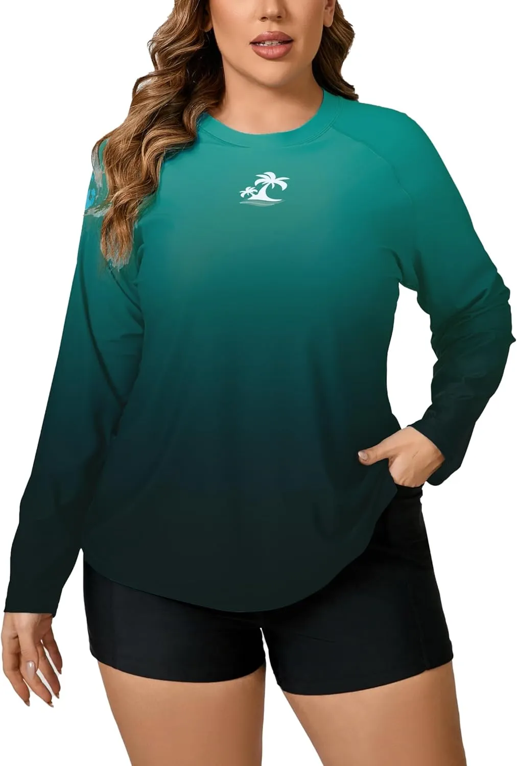 Women Plus Size Two Piece Long Sleeve Rash Guard Sets Built in Bra Swim Shirt Top and Shorts with Pockets UPF50 
