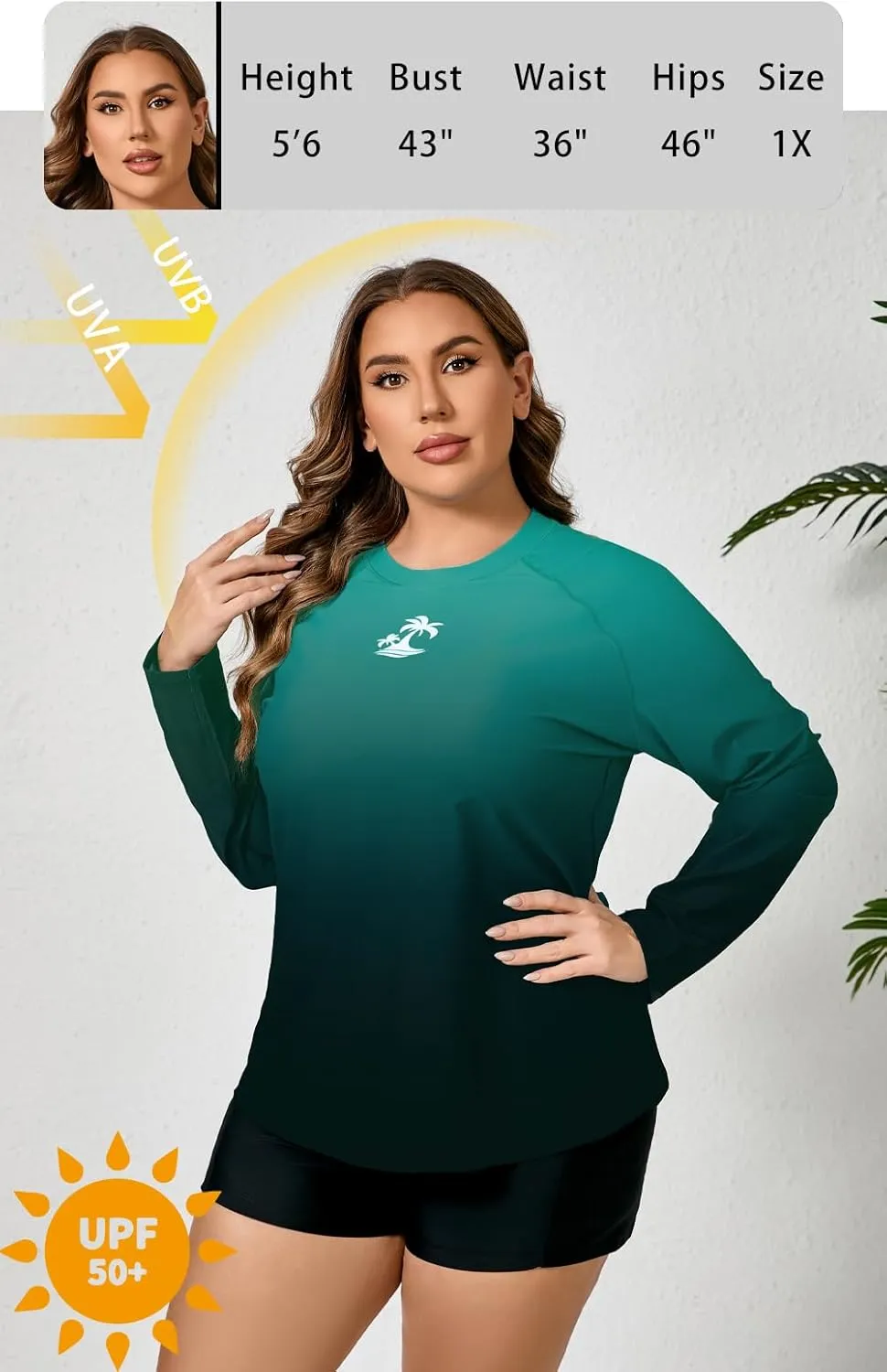 Women Plus Size Two Piece Long Sleeve Rash Guard Sets Built in Bra Swim Shirt Top and Shorts with Pockets UPF50 