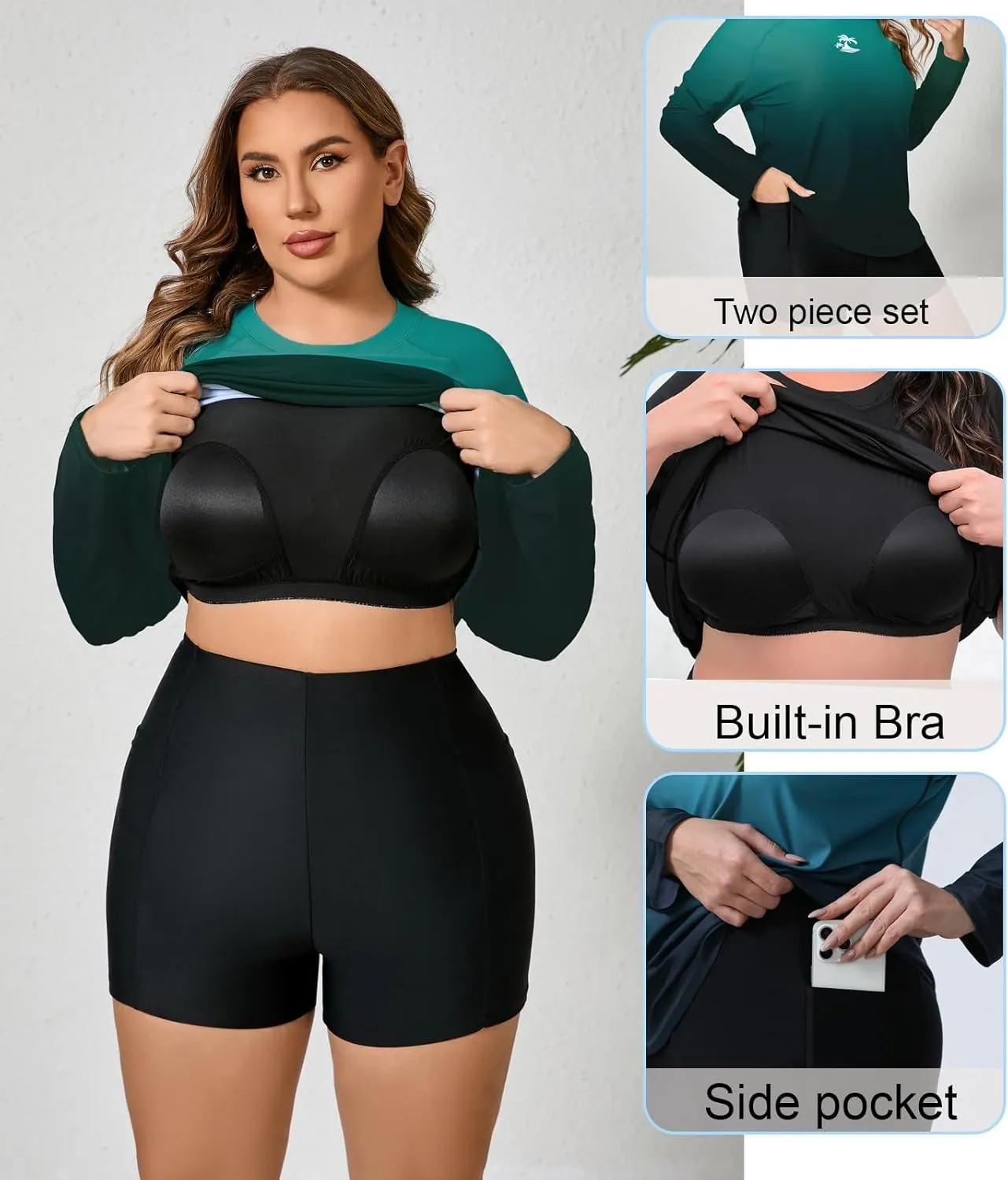 Women Plus Size Two Piece Long Sleeve Rash Guard Sets Built in Bra Swim Shirt Top and Shorts with Pockets UPF50 