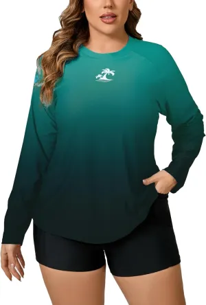 Women Plus Size Two Piece Long Sleeve Rash Guard Sets Built in Bra Swim Shirt Top and Shorts with Pockets UPF50 