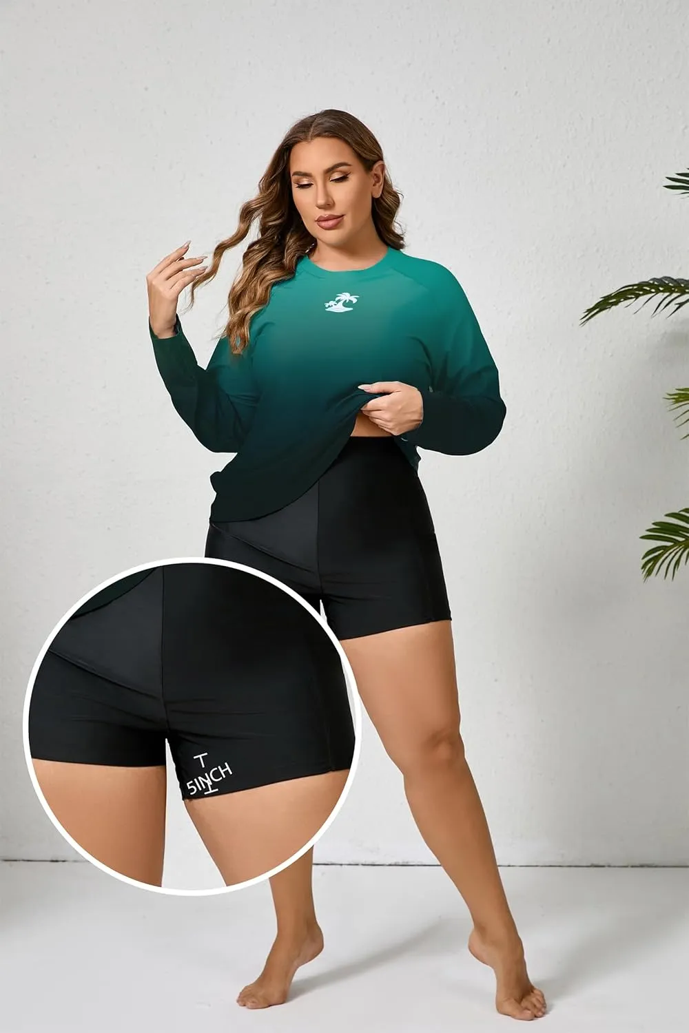 Women Plus Size Two Piece Long Sleeve Rash Guard Sets Built in Bra Swim Shirt Top and Shorts with Pockets UPF50 