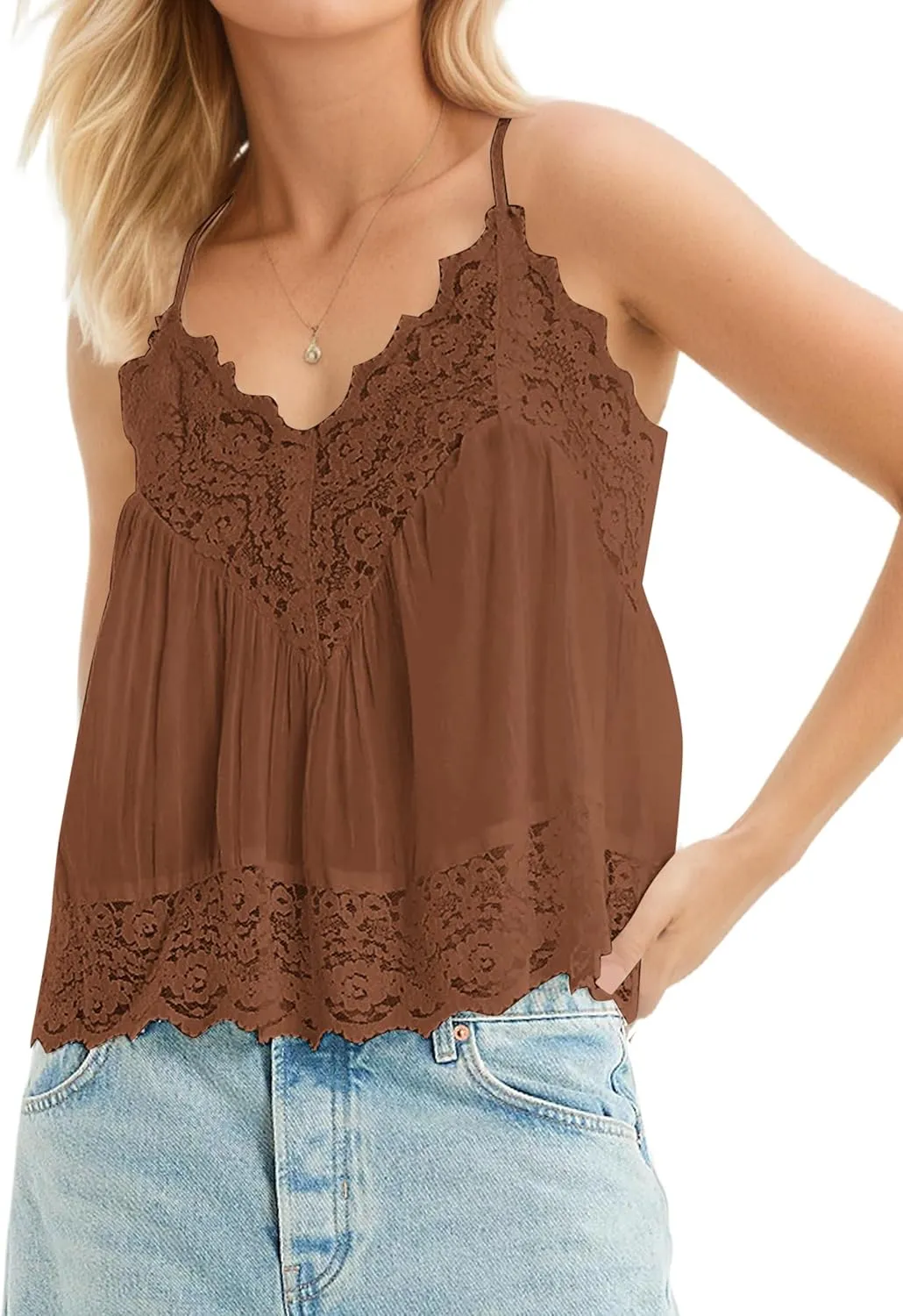 Women Sexy V Neck Sleeveless Lace Camisole Tops Flowy Floral Backless Spaghetti Strap Tank Tops Sheer Boho Mesh Tops