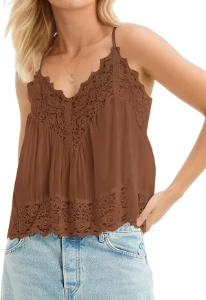 Women Sexy V Neck Sleeveless Lace Camisole Tops Flowy Floral Backless Spaghetti Strap Tank Tops Sheer Boho Mesh Tops