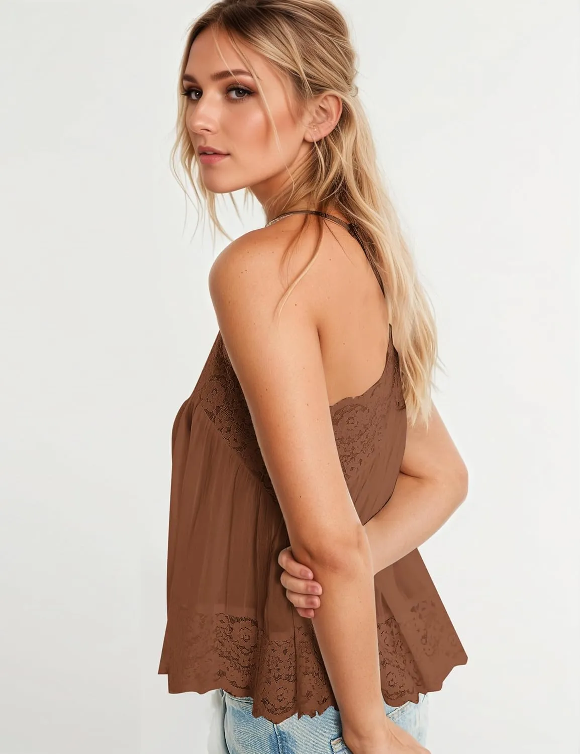 Women Sexy V Neck Sleeveless Lace Camisole Tops Flowy Floral Backless Spaghetti Strap Tank Tops Sheer Boho Mesh Tops