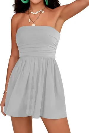 Women Summer Casual Strapless Rompers Tube Top Shorts Jumpsuit Sleeveless Off Shoulder Sexy Beach Romper with Pocket